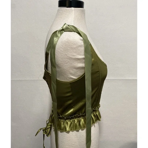 Ribbon Corset Top Medium Whimsical Satiny Chartreuse Lace Up Back Fairy - Picture 2 of 8